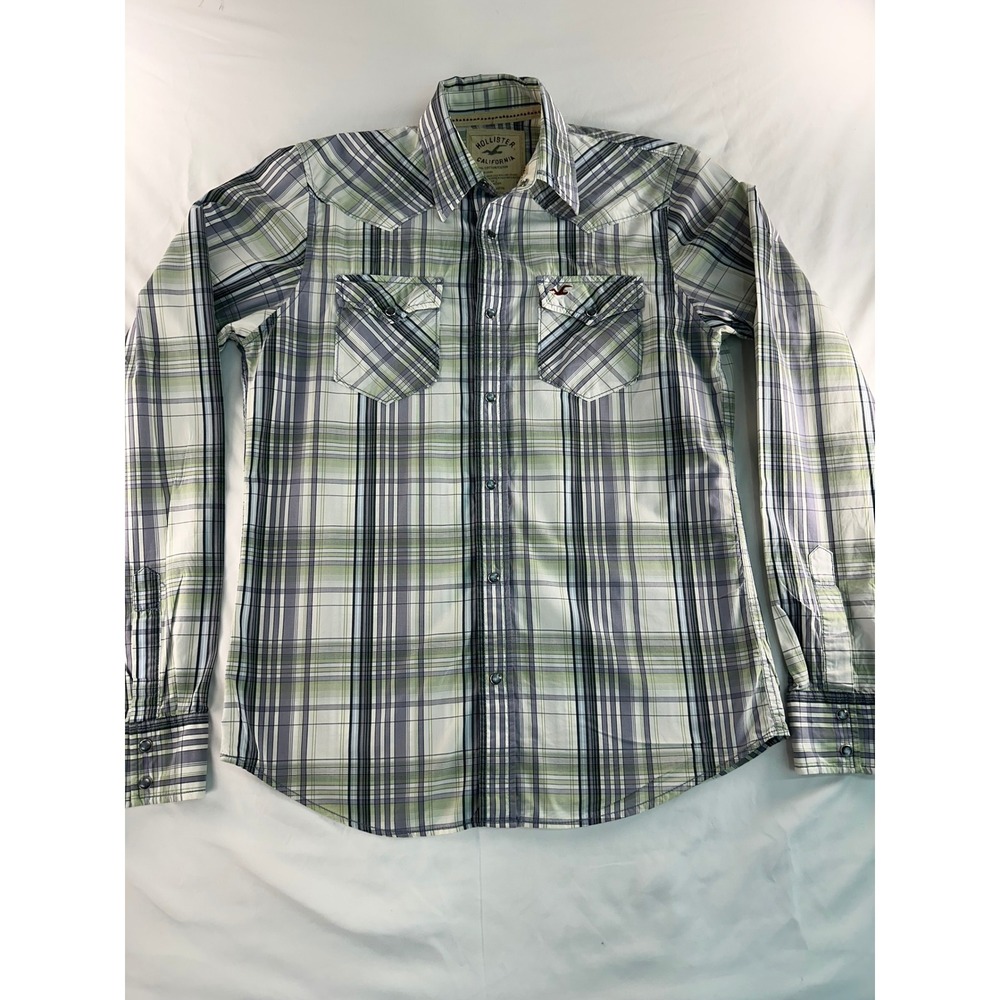 Hollister Mens Large Pearl Snap Western Shirt Green Blue Plaid Cotton L/S
